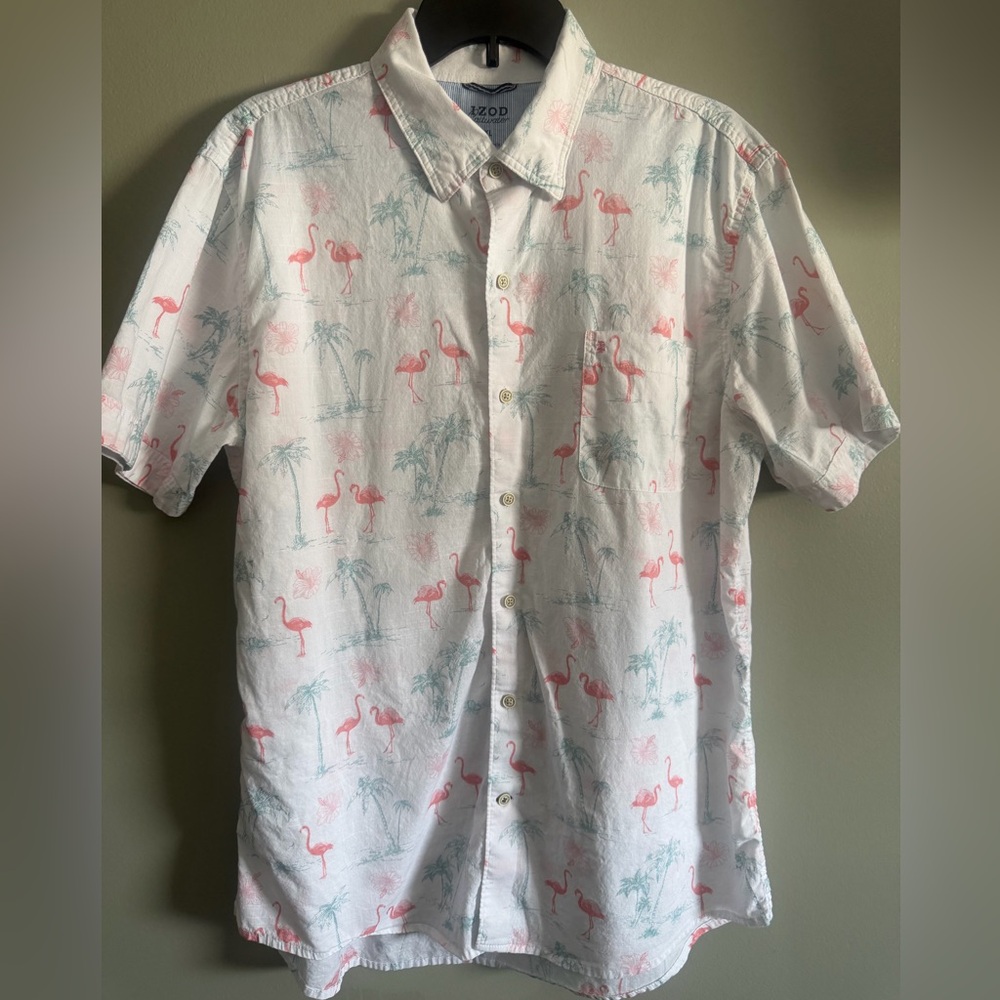 Izod Saltwater Performance Flamingo Tropical Palm tree button down shirt sz XL